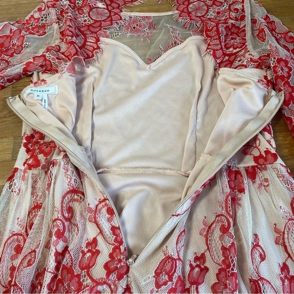 Soieblu Red Sheer Floral Lace Mini Dress 3/4 Sleeves Size Medium - Picture 6 of 11